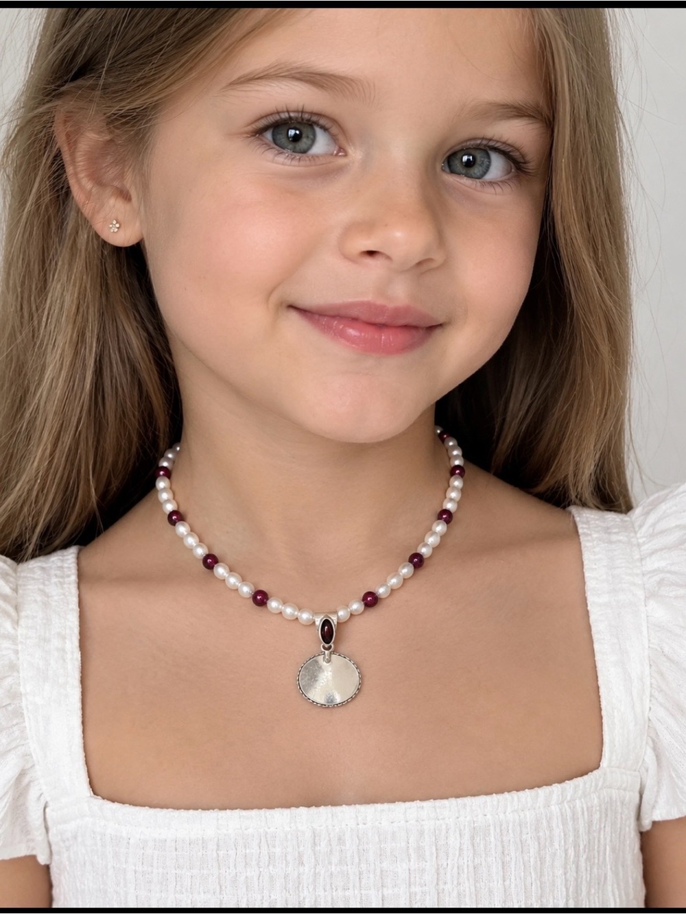 Dalia Kids 12.5" 925 Silver Necklace Pre-owned Genuine Pearl & Garnet Pendant